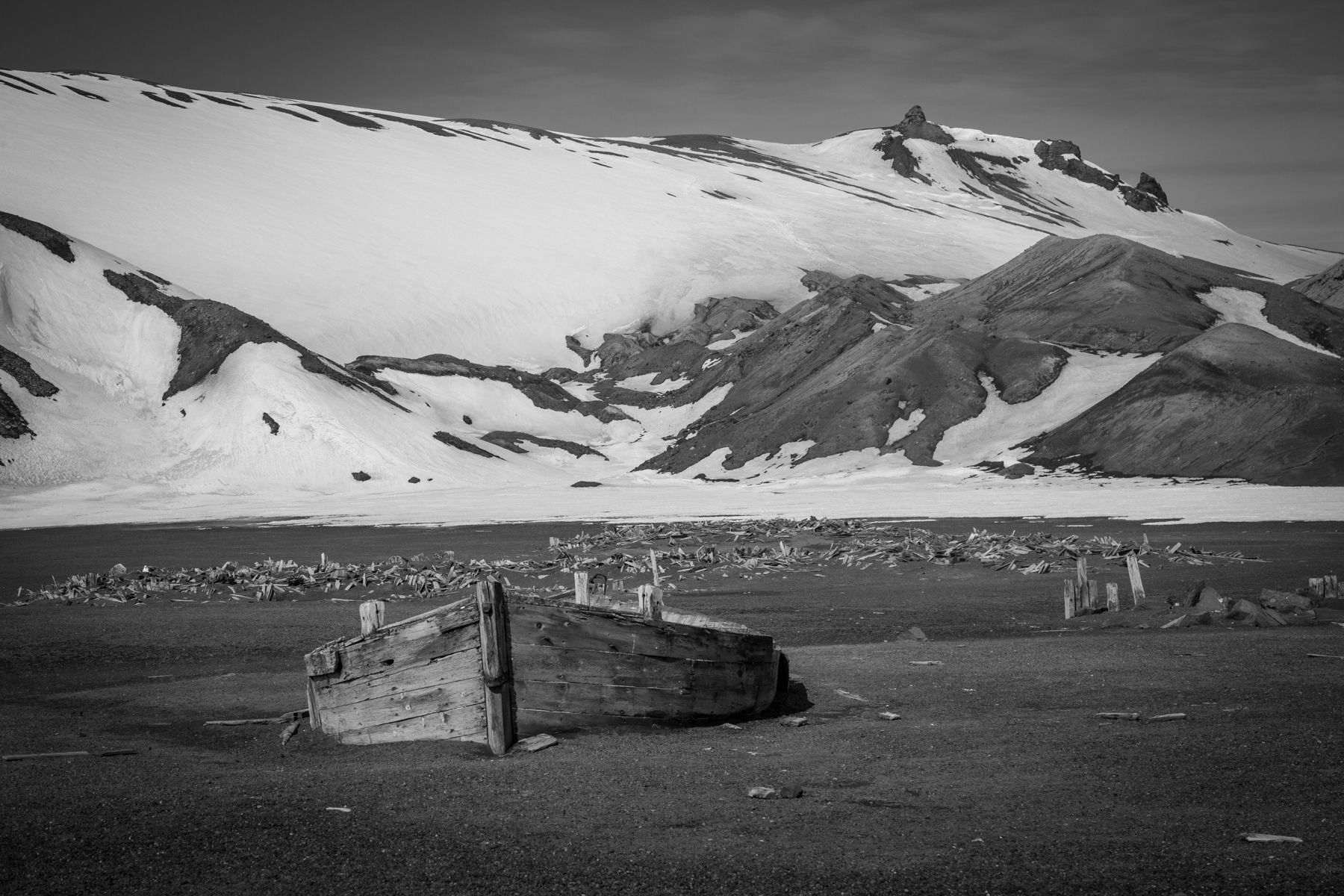 The remains of an old whaling boat on Deception Island, Antarctica