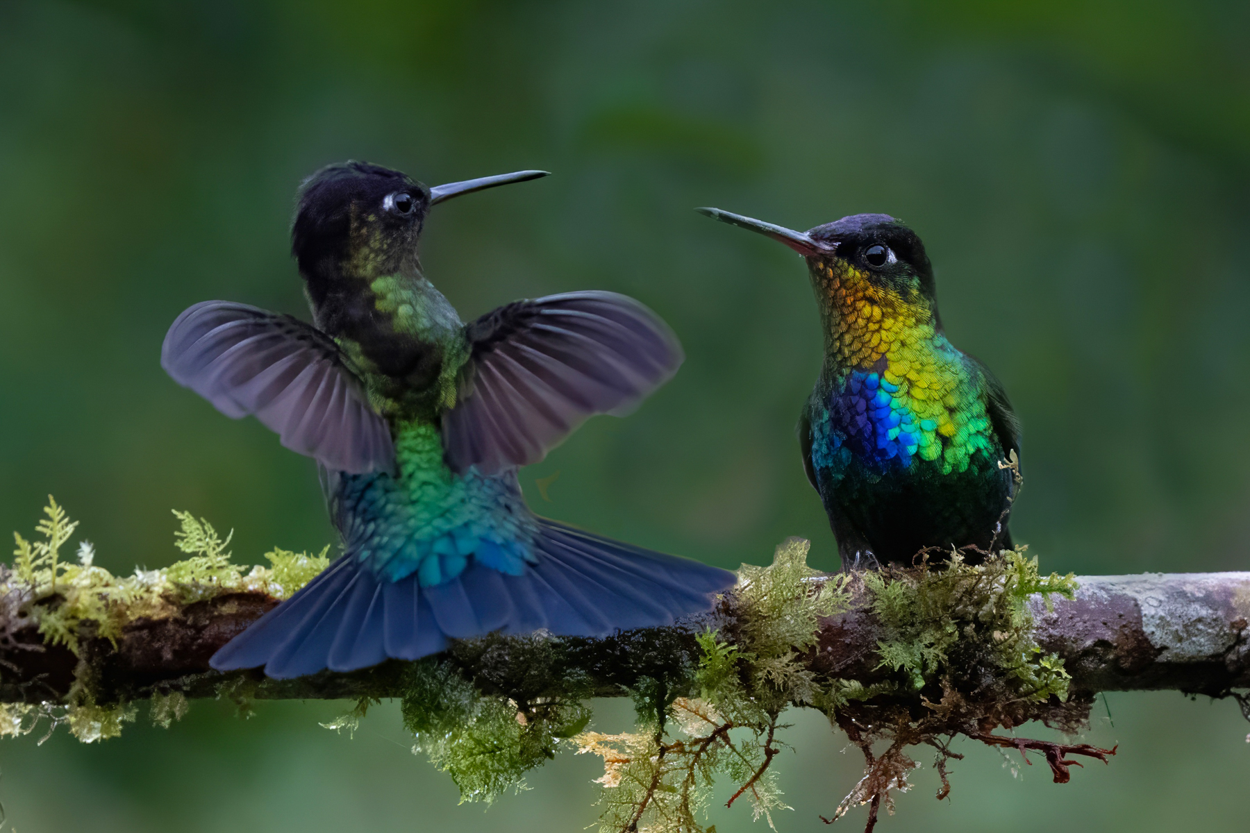 Fiery-throated Hummingbirds face off over females (image by Inger Vandyke)