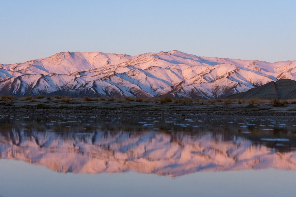 Stunning early morning reflection of the snowy Altai mountains in the Sagsai River (image by Inger Vandyke)