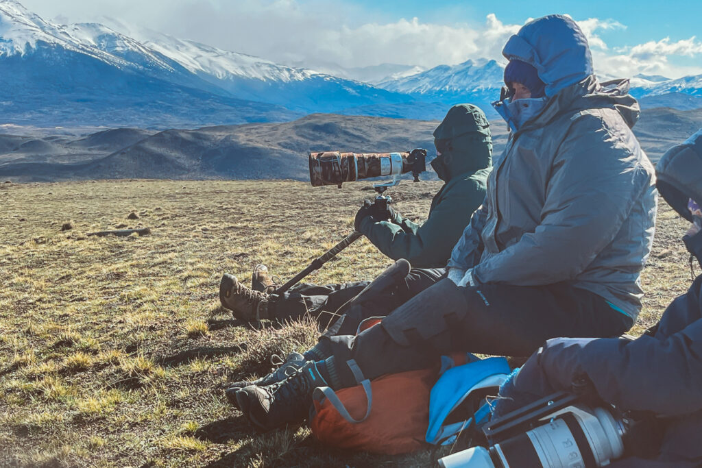 Puma photography takes patience, skill, and some luck. Wrapped up against the cold, clients watch 'Blinka' in the hills of Patagonia (image by Gin Wilde)