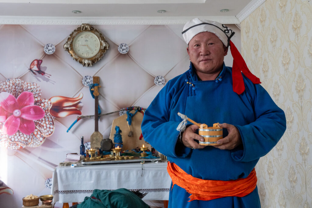 Visiting a Shaman in western Mongolia can never be guaranteed. This trip we were lucky to witness a traditional shamanic ceremony and receive a blessing while we were in Olgiy (image by Inger Vandyke)